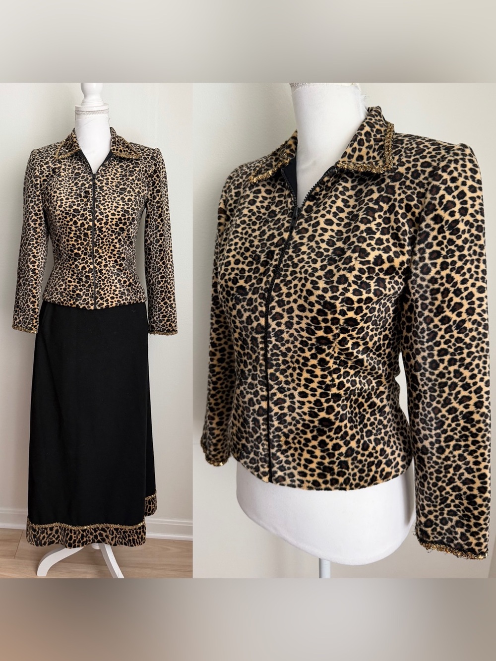 Vintage Leopard Animal Print Velvet Collared Jacket by Trio NY, Size Small